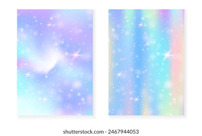 Kawaii background with rainbow princess gradient. Magic unicorn hologram. Holographic fairy set. Stylish fantasy cover. Kawaii background with sparkles and stars for cute girl party invitation.