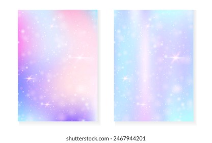 Kawaii background with rainbow princess gradient. Magic unicorn hologram. Holographic fairy set. Spectrum fantasy cover. Kawaii background with sparkles and stars for cute girl party invitation.