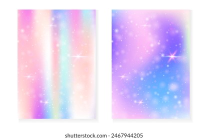 Kawaii background with rainbow princess gradient. Magic unicorn hologram. Holographic fairy set. Creative fantasy cover. Kawaii background with sparkles and stars for cute girl party invitation.