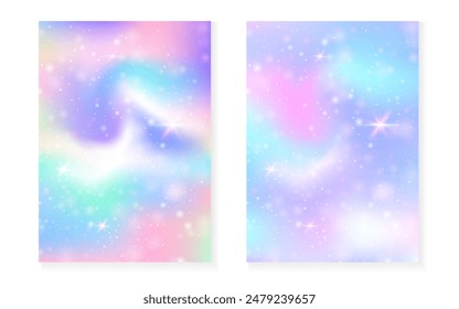 Kawaii background with rainbow princess gradient. Magic unicorn hologram. Holographic fairy set. Creative fantasy cover. Kawaii background with sparkles and stars for cute girl party invitation.