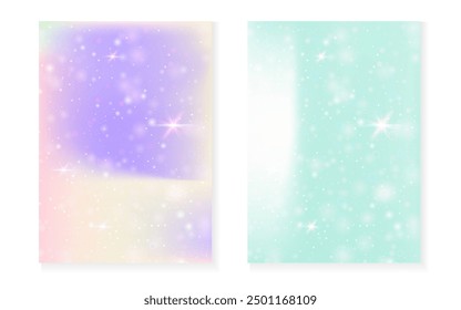 Kawaii background with rainbow princess gradient. Magic unicorn hologram. Holographic fairy set. Stylish fantasy cover. Kawaii background with sparkles and stars for cute girl party invitation.