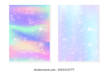 Fondo de Kawaii con el gradiente de la princesa del arco iris. Holograma de unicornio mágico. Conjunto de hadas holográficas. Funda de fantasía multicolor. Fondo kawaii con destellos y estrellas para invitación de fiesta de niña linda.