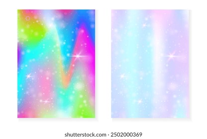 Kawaii background with rainbow princess gradient. Magic unicorn hologram. Holographic fairy set. Spectrum fantasy cover. Kawaii background with sparkles and stars for cute girl party invitation.