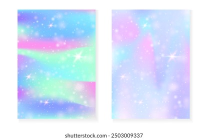 Fondo de Kawaii con el gradiente de la princesa del arco iris. Holograma de unicornio mágico. Conjunto de hadas holográficas. Espectro de fantasía cubierta. Fondo kawaii con destellos y estrellas para invitación de fiesta de niña linda.