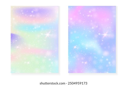 Fondo de Kawaii con el gradiente de la princesa del arco iris. Holograma de unicornio mágico. Conjunto de hadas holográficas. Funda de fantasía multicolor. Fondo kawaii con destellos y estrellas para invitación de fiesta de niña linda.