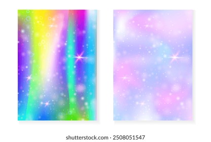 Fondo de Kawaii con el gradiente de la princesa del arco iris. Holograma de unicornio mágico. Conjunto de hadas holográficas. Tapa de fantasía creativa. Fondo kawaii con destellos y estrellas para invitación de fiesta de niña linda.