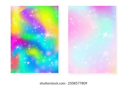 Kawaii background with rainbow princess gradient. Magic unicorn hologram. Holographic fairy set. Vibrant fantasy cover. Kawaii background with sparkles and stars for cute girl party invitation.