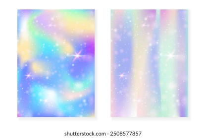 Kawaii background with rainbow princess gradient. Magic unicorn hologram. Holographic fairy set. Vibrant fantasy cover. Kawaii background with sparkles and stars for cute girl party invitation.