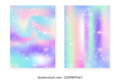 Fondo de Kawaii con el gradiente de la princesa del arco iris. Holograma de unicornio mágico. Conjunto de hadas holográficas. Funda de fantasía fluorescente. Fondo kawaii con destellos y estrellas para invitación de fiesta de niña linda.