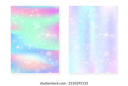 Fondo de Kawaii con el gradiente de la princesa del arco iris. Holograma de unicornio mágico. Conjunto de hadas holográficas. Funda de fantasía fluorescente. Fondo kawaii con destellos y estrellas para invitación de fiesta de niña linda.