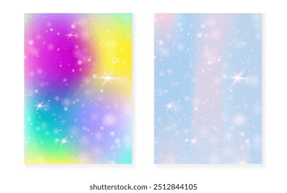 Fundo de Kawaii com gradiente de princesa arco-íris. Holograma de unicórnio mágico. Conjunto de fadas holográfico. Capa de fantasia vibrante. Kawaii fundo com brilhos e estrelas para o convite bonito da festa da menina.