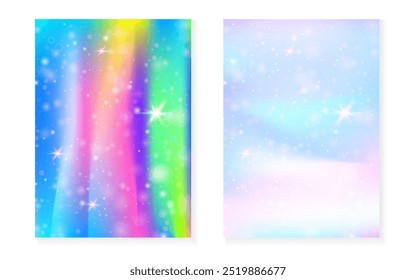Fondo de Kawaii con el gradiente de la princesa del arco iris. Holograma de unicornio mágico. Conjunto de hadas holográficas. Colorida portada de fantasía. Fondo kawaii con destellos y estrellas para invitación de fiesta de niña linda.