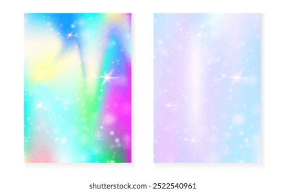 Kawaii background with rainbow princess gradient. Magic unicorn hologram. Holographic fairy set. Creative fantasy cover. Kawaii background with sparkles and stars for cute girl party invitation.
