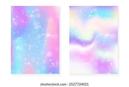 Kawaii background with rainbow princess gradient. Magic unicorn hologram. Holographic fairy set. Vibrant fantasy cover. Kawaii background with sparkles and stars for cute girl party invitation.