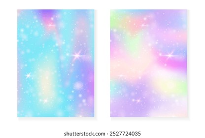 Kawaii background with rainbow princess gradient. Magic unicorn hologram. Holographic fairy set. Multicolor fantasy cover. Kawaii background with sparkles and stars for cute girl party invitation.
