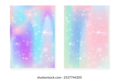 Kawaii background with rainbow princess gradient. Magic unicorn hologram. Holographic fairy set. Bright fantasy cover. Kawaii background with sparkles and stars for cute girl party invitation.