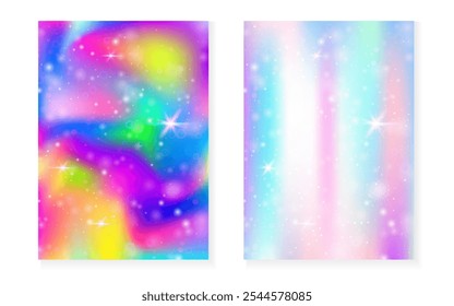 Fondo de Kawaii con el gradiente de la princesa del arco iris. Holograma de unicornio mágico. Conjunto de hadas holográficas. Tapa de fantasía creativa. Fondo kawaii con destellos y estrellas para invitación de fiesta de niña linda.