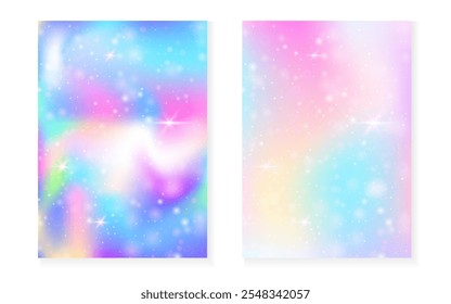 Fundo de Kawaii com gradiente de princesa arco-íris. Holograma de unicórnio mágico.