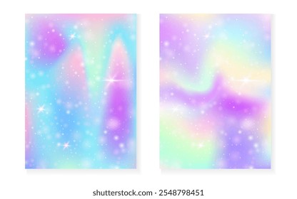Fundo de Kawaii com gradiente de princesa arco-íris. Holograma de unicórnio mágico.