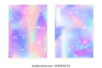 Fondo de Kawaii con el gradiente de la princesa del arco iris. Holograma de unicornio mágico.