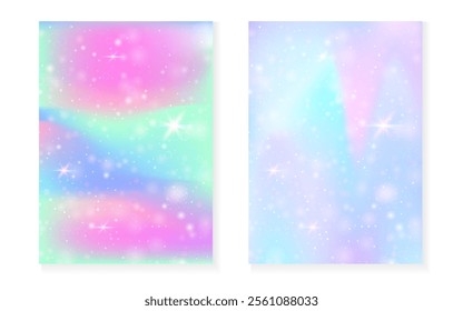 Kawaii background with rainbow princess gradient. Magic unicorn hologram.