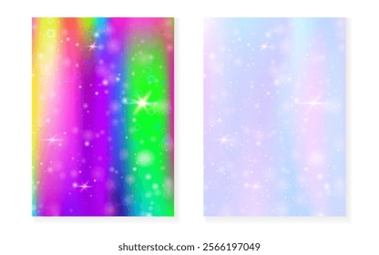 Kawaii background with rainbow princess gradient. Magic unicorn hologram.