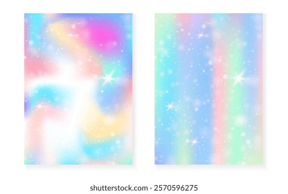 Kawaii background with rainbow princess gradient. Magic unicorn hologram.