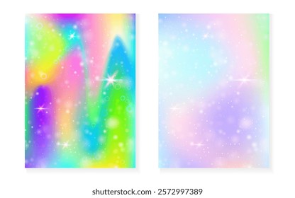 Kawaii background with rainbow princess gradient. Magic unicorn hologram.