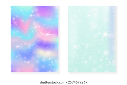 Kawaii background with rainbow princess gradient. Magic unicorn hologram.