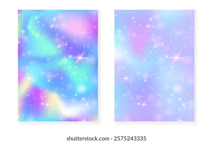 Kawaii background with rainbow princess gradient. Magic unicorn hologram.