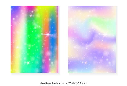 Kawaii background with rainbow princess gradient. Magic unicorn hologram.
