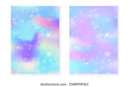 Kawaii background with rainbow princess gradient. Magic unicorn hologram.