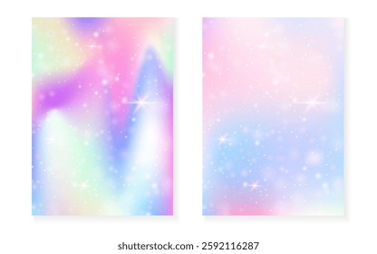 Kawaii background with rainbow princess gradient. Magic unicorn hologram.
