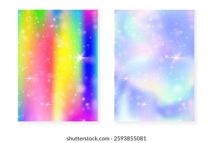 Kawaii background with rainbow princess gradient. Magic unicorn hologram.