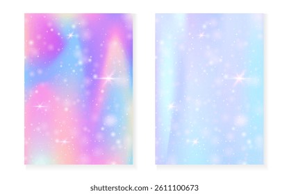 Kawaii background with rainbow princess gradient. Magic unicorn hologram.