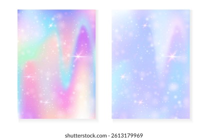 Kawaii background with rainbow princess gradient. Magic unicorn hologram.