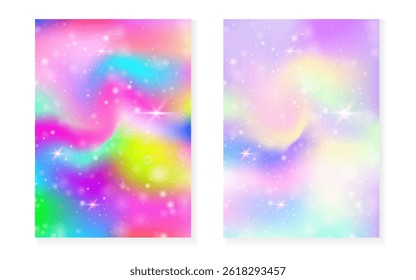 Kawaii background with rainbow princess gradient. Magic unicorn hologram.