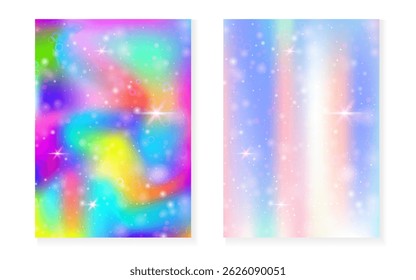 Kawaii background with rainbow princess gradient. Magic unicorn hologram.