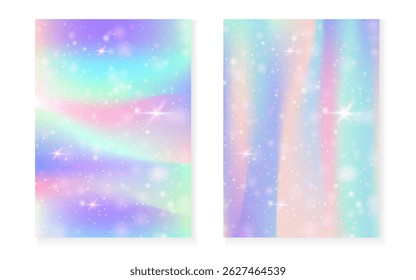 Kawaii background with rainbow princess gradient. Magic unicorn hologram.
