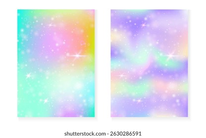 Kawaii Hintergrund mit Regenbogen Prinzessin Farbverlauf. Magisches Einhorn-Hologramm.