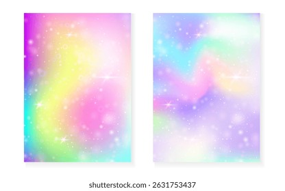 Fundo de Kawaii com gradiente de princesa arco-íris. Holograma de unicórnio mágico.