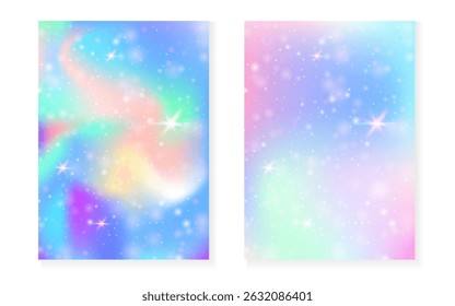 Fondo de Kawaii con el gradiente de la princesa del arco iris. Holograma de unicornio mágico.