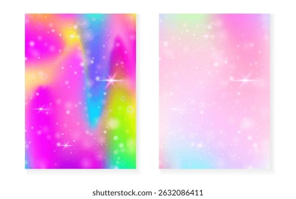 Kawaii background with rainbow princess gradient. Magic unicorn hologram.