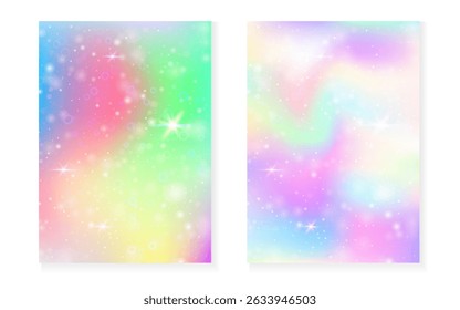 Fundo de Kawaii com gradiente de princesa arco-íris. Holograma de unicórnio mágico.