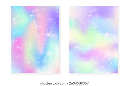 Kawaii background with rainbow princess gradient. Magic unicorn hologram.