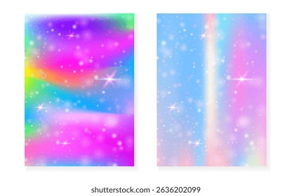 Kawaii background with rainbow princess gradient. Magic unicorn hologram.