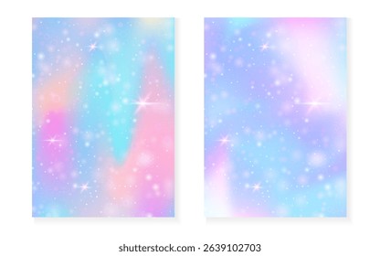 Kawaii background with rainbow princess gradient. Magic unicorn hologram.