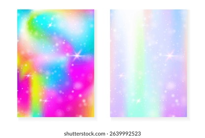 Kawaii background with rainbow princess gradient. Magic unicorn hologram.