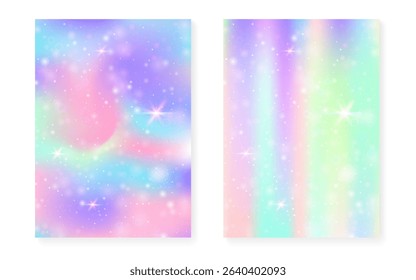 Kawaii background with rainbow princess gradient. Magic unicorn hologram.