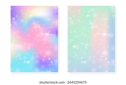Fundo de Kawaii com gradiente de princesa arco-íris. Holograma de unicórnio mágico.